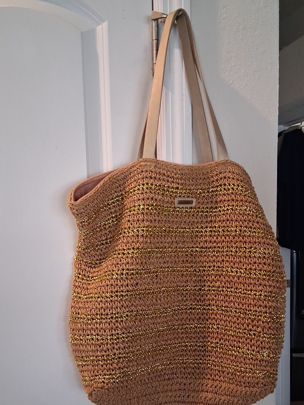 Woven Straw Tote Bag in Tan and Gold – Lightweight Summer Shoulder Bag